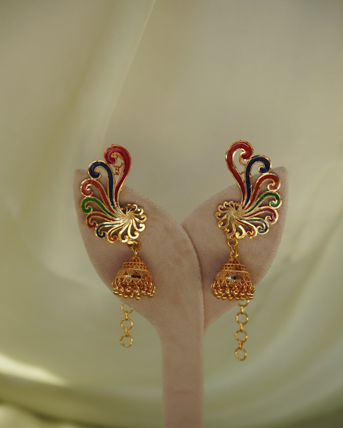 ORO-Premium 1 Gram Gold Plated Meenakari Peacock Kaan Phool Earrings | Micro Plated Enamel Ear Cuffs with Hanging Jhumkas