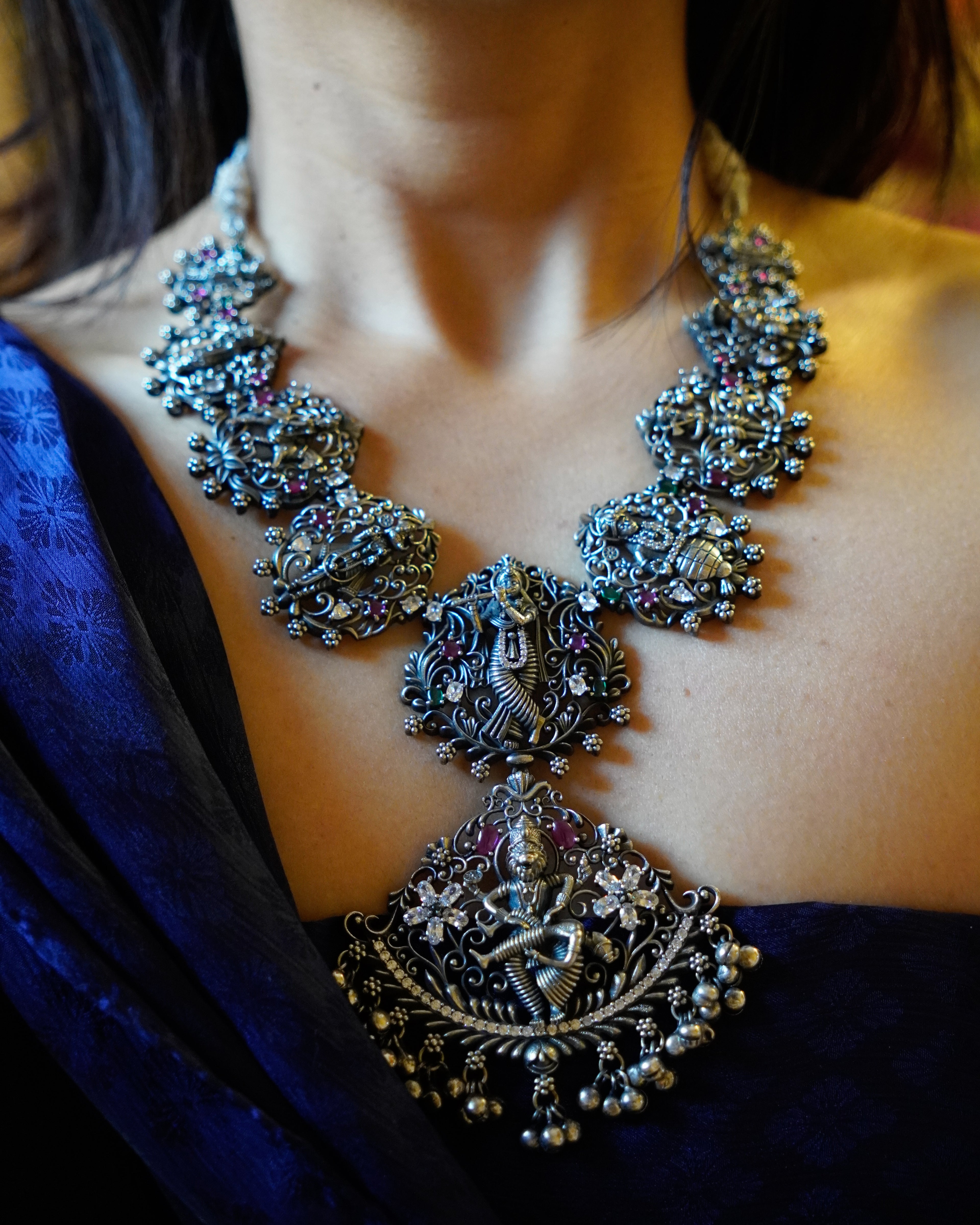 Anassa- Oxidised Temple Jewellery Necklace Set with Earrings – Antique Silver Finish Brass, Goddess Pendant Statement