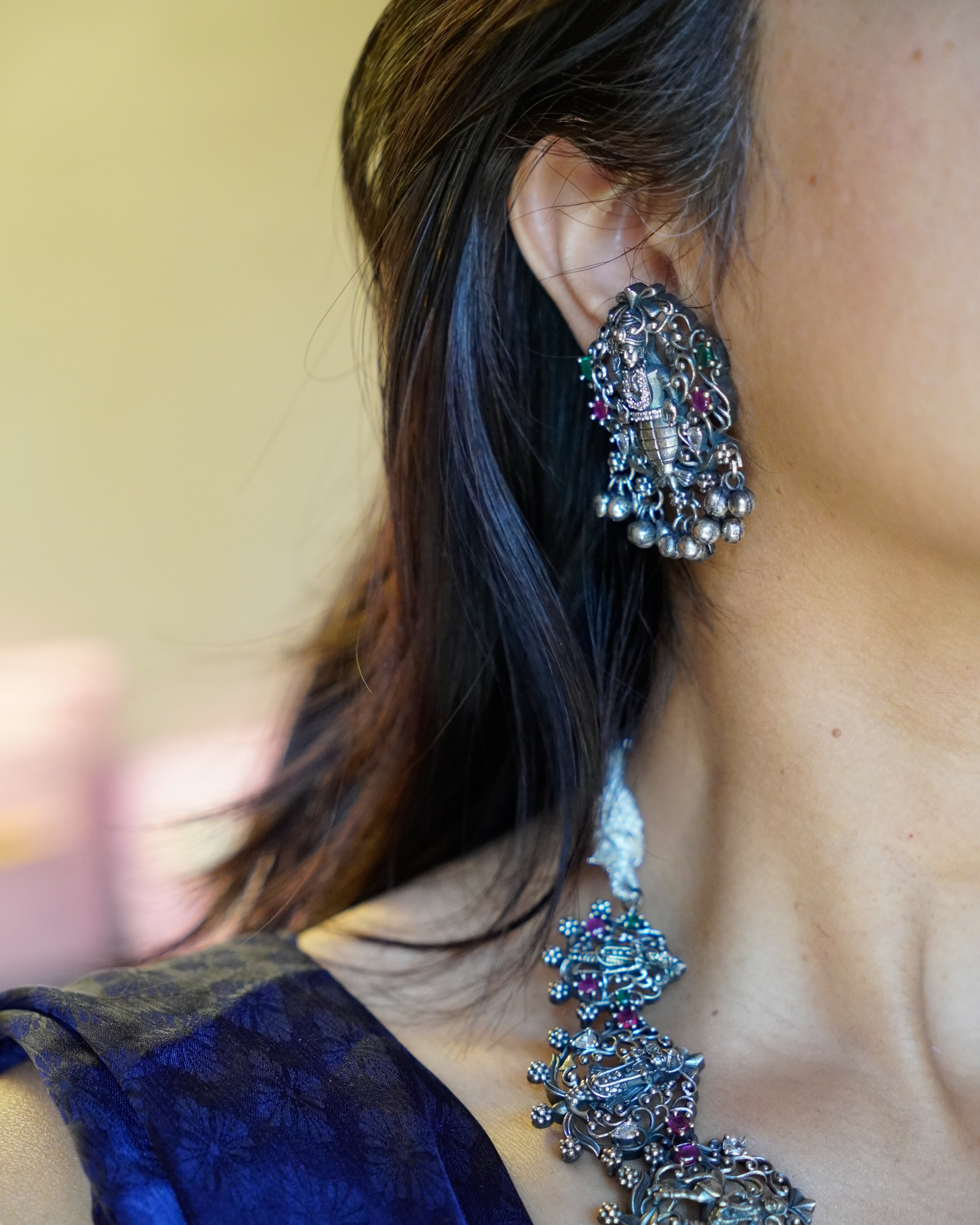 Anassa- Oxidised Temple Jewellery Necklace Set with Earrings – Antique Silver Finish Brass, Goddess Pendant Statement