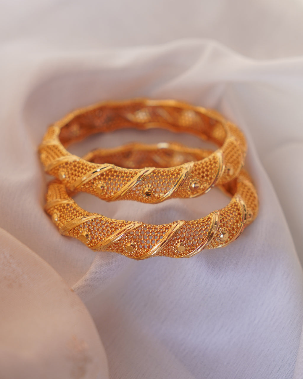ZORA - Premium 1 Gram Gold Plated Twisted Mesh Bangles | Micro Plated Spiral Filigree Traditional Bracelets Set of 2