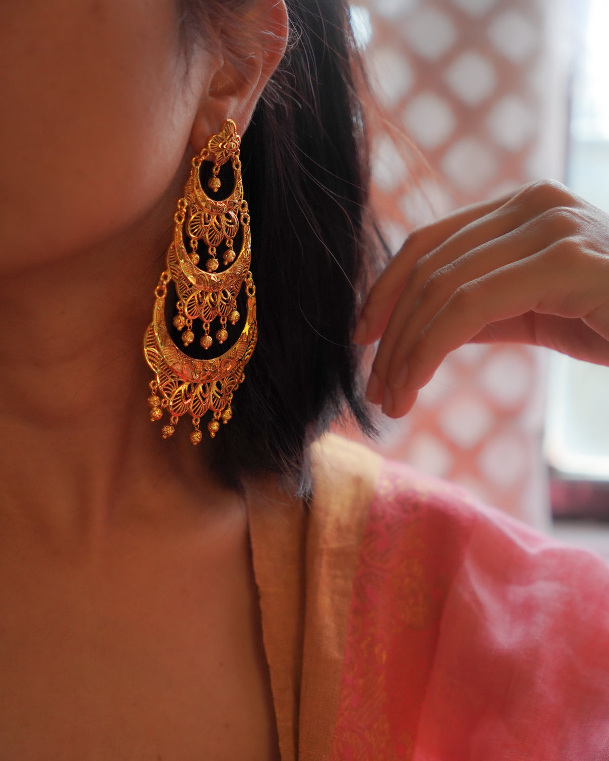 ORO- Three Tier Chandbali Earrings | Micro Plated Intricate Multi Layer Jhumka Dangles