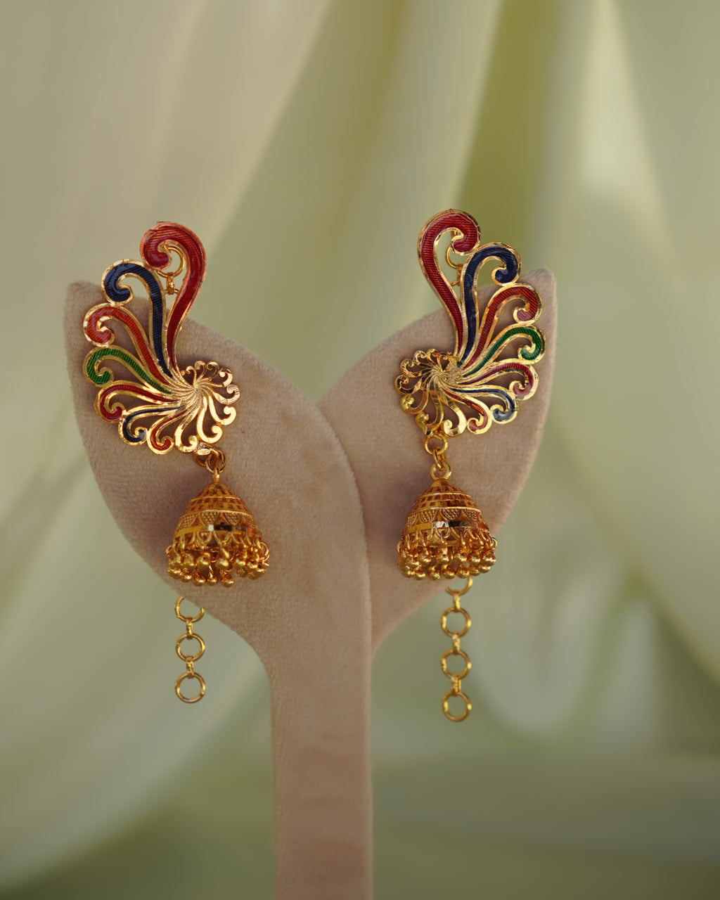 ORO-Premium 1 Gram Gold Plated Meenakari Peacock Kaan Phool Earrings | Micro Plated Enamel Ear Cuffs with Hanging Jhumkas