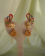 ORO-Premium 1 Gram Gold Plated Meenakari Peacock Kaan Phool Earrings | Micro Plated Enamel Ear Cuffs with Hanging Jhumkas