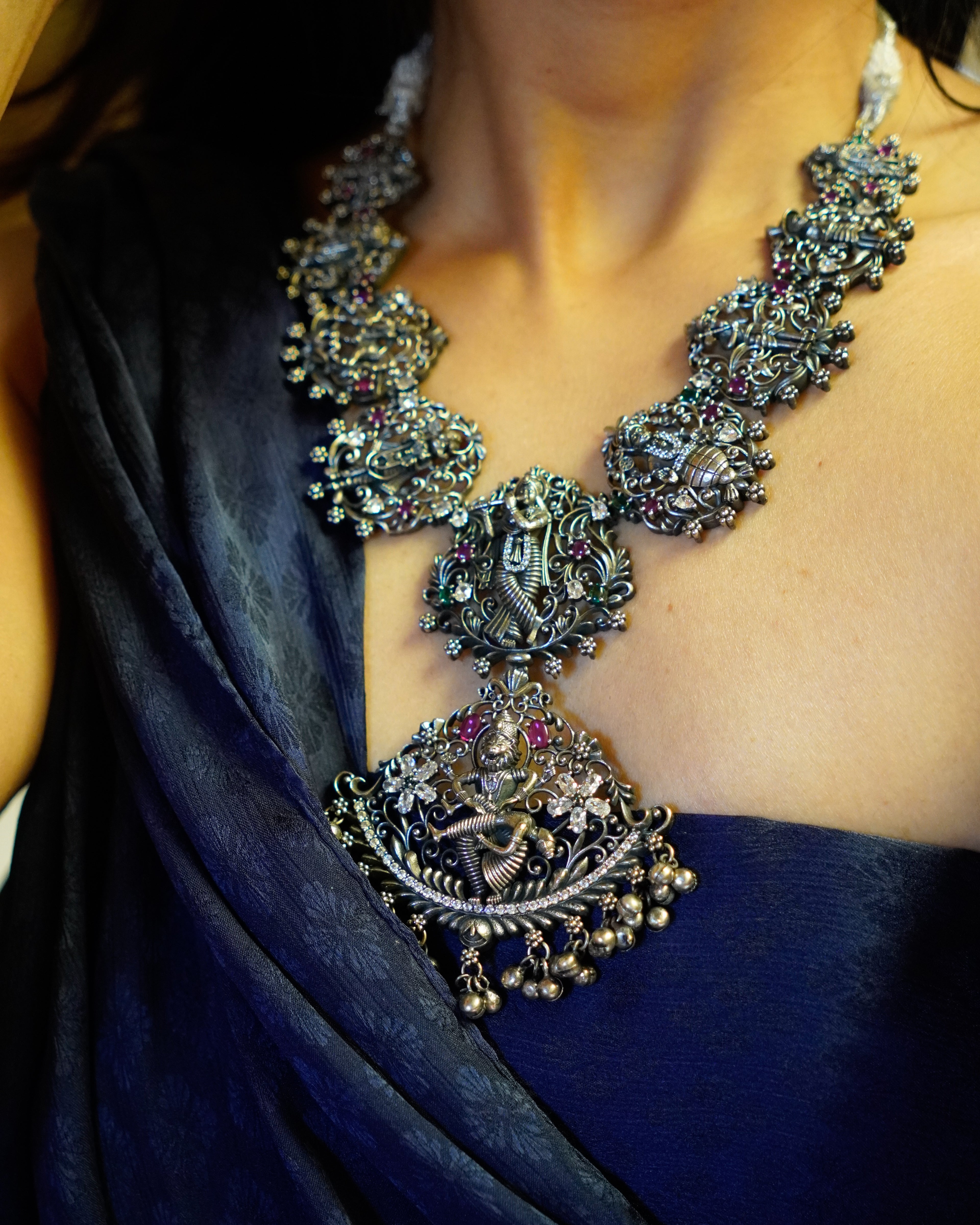 Anassa- Oxidised Temple Jewellery Necklace Set with Earrings – Antique Silver Finish Brass, Goddess Pendant Statement