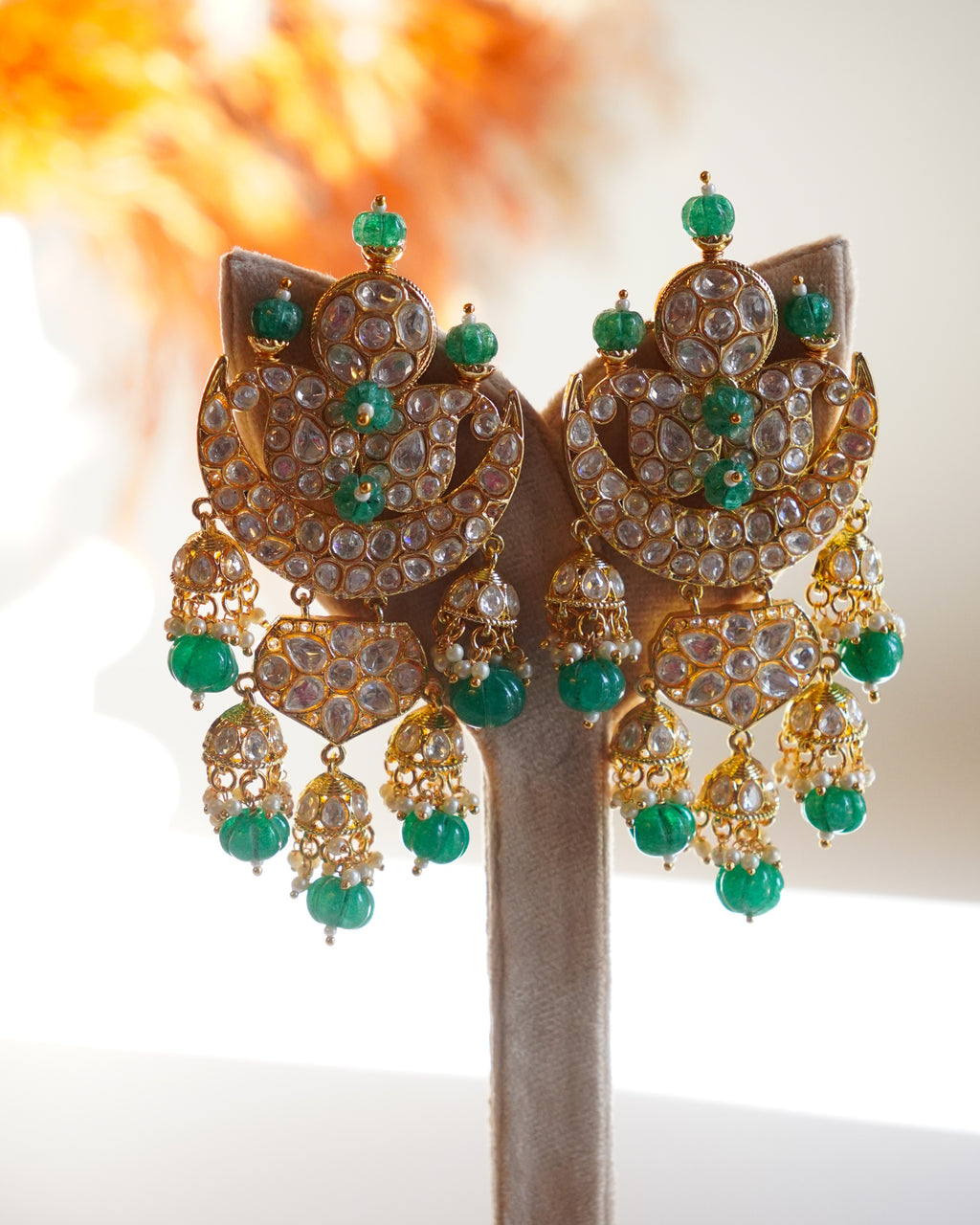 ROOP- Crescent Moon Gold & Emerald Chandbali Earrings