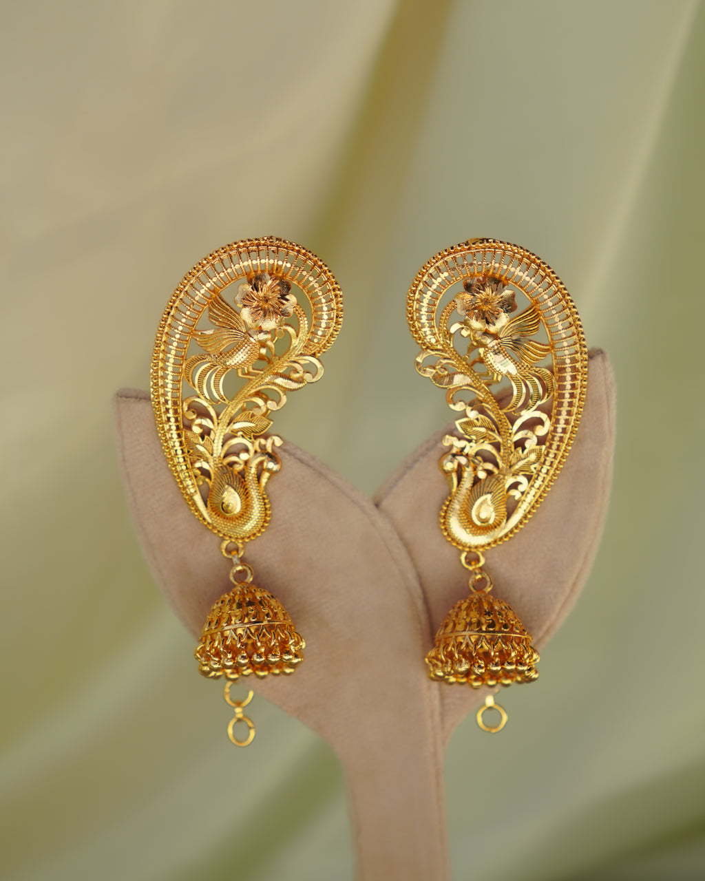 ORO - Premium 1 Gram Gold Plated Royal Peacock Kaan Phool Earrings | Micro Plated Floral Ear Cuffs with Hanging Jhumkas