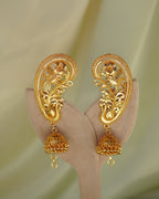 ORO - Premium 1 Gram Gold Plated Royal Peacock Kaan Phool Earrings | Micro Plated Floral Ear Cuffs with Hanging Jhumkas