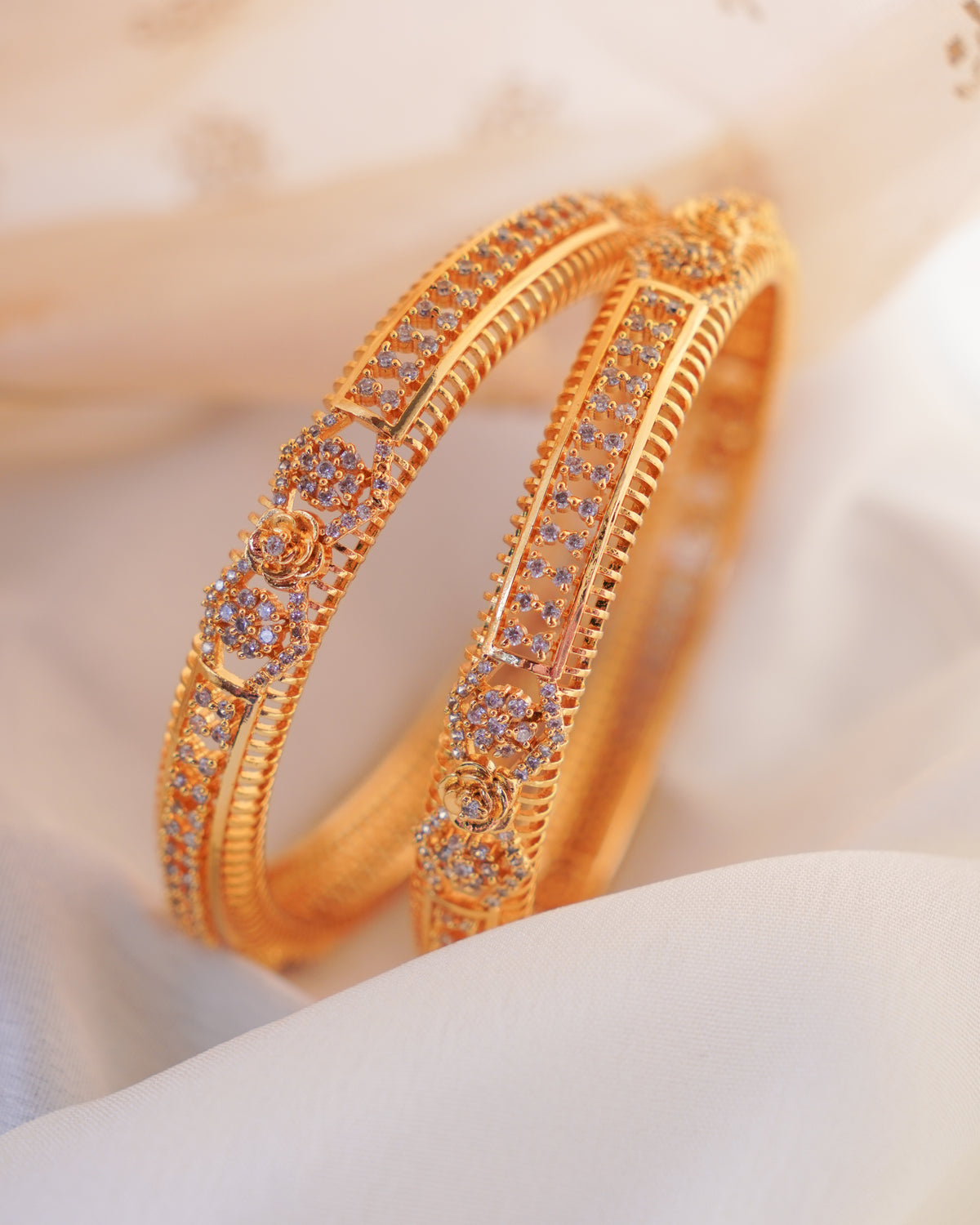 ZORA -  Premium 1 Gram Gold Plated American Diamond Kada Bangles | Micro Plated Stone Encrusted Traditional Bracelets Set of 2