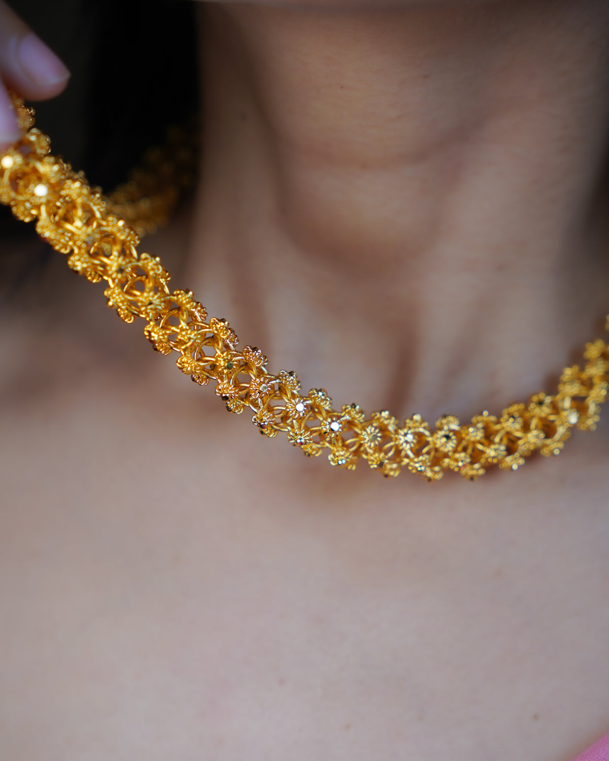 ORO- Premium 1 Gram Gold Plated Lace Mesh Mala Necklace | Micro Plated Traditional Criss Cross Filigree Haram Long Chain