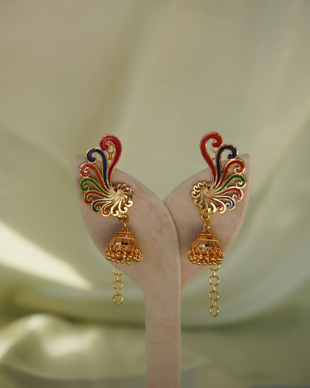 ORO-Premium 1 Gram Gold Plated Meenakari Peacock Kaan Phool Earrings | Micro Plated Enamel Ear Cuffs with Hanging Jhumkas