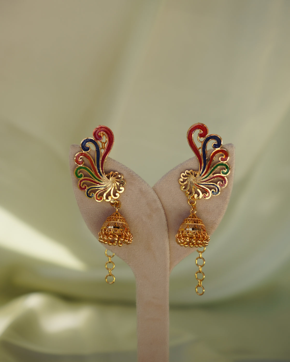 ORO-Premium 1 Gram Gold Plated Meenakari Peacock Kaan Phool Earrings | Micro Plated Enamel Ear Cuffs with Hanging Jhumkas