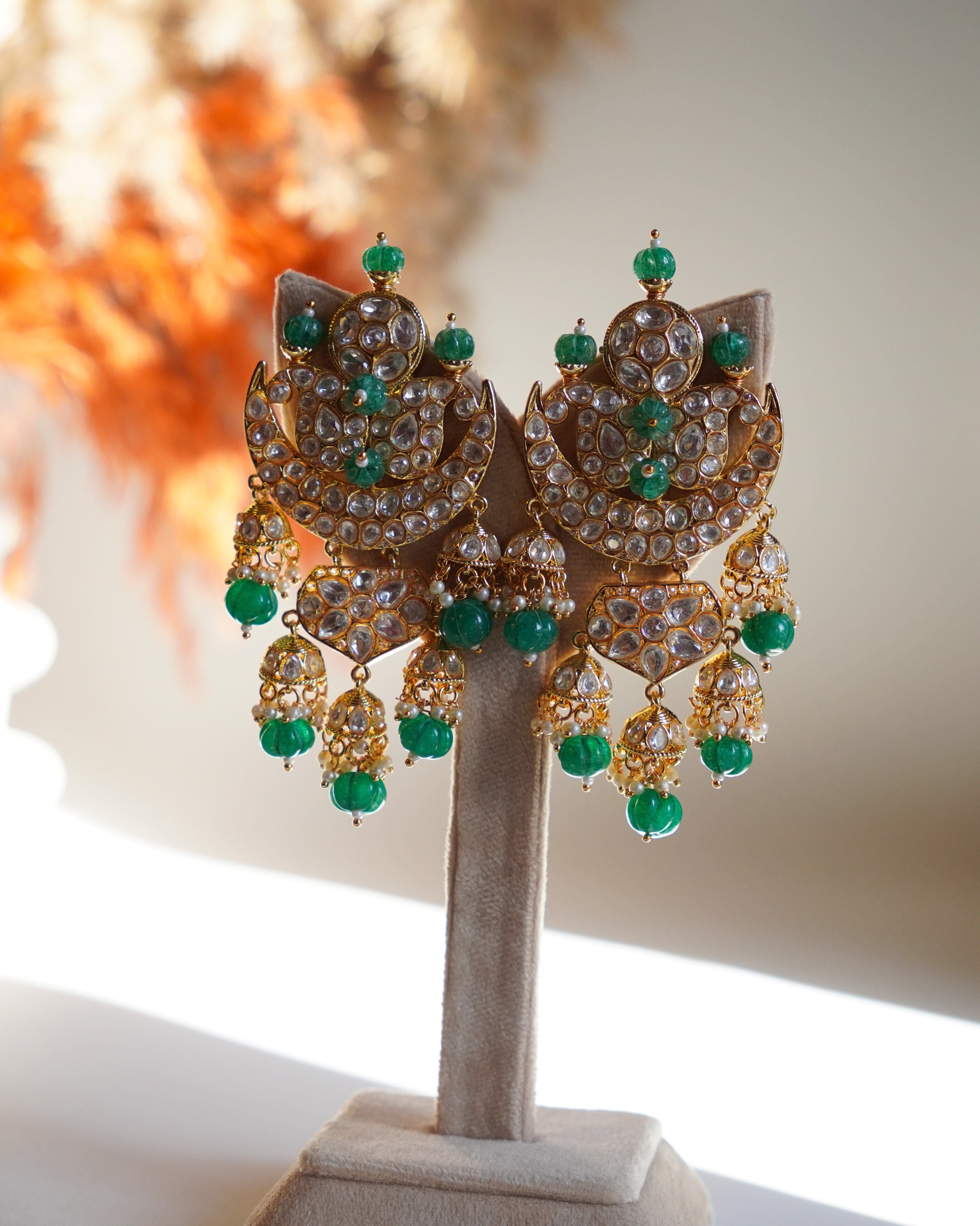 ROOP- Crescent Moon Gold & Emerald Chandbali Earrings