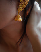 ORO - Premium 1 Gram Gold Plated Royal Peacock Kaan Phool Earrings | Micro Plated Floral Ear Cuffs with Hanging Jhumkas