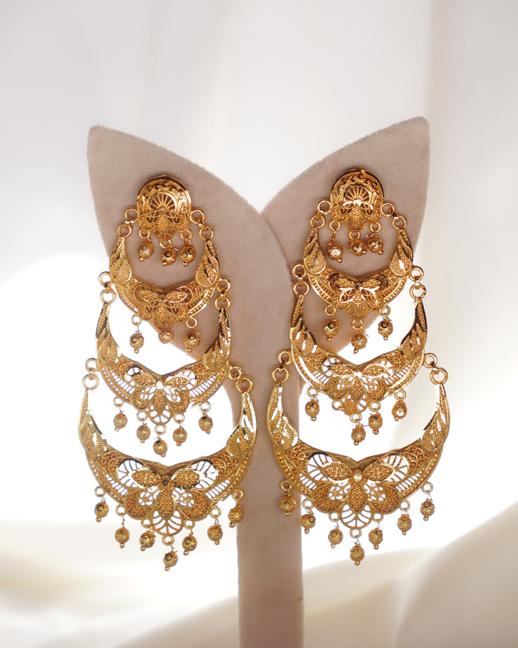 ORO- Three Tier Chandbali Earrings | Micro Plated Floral Filigree Layered Wedding Dangles