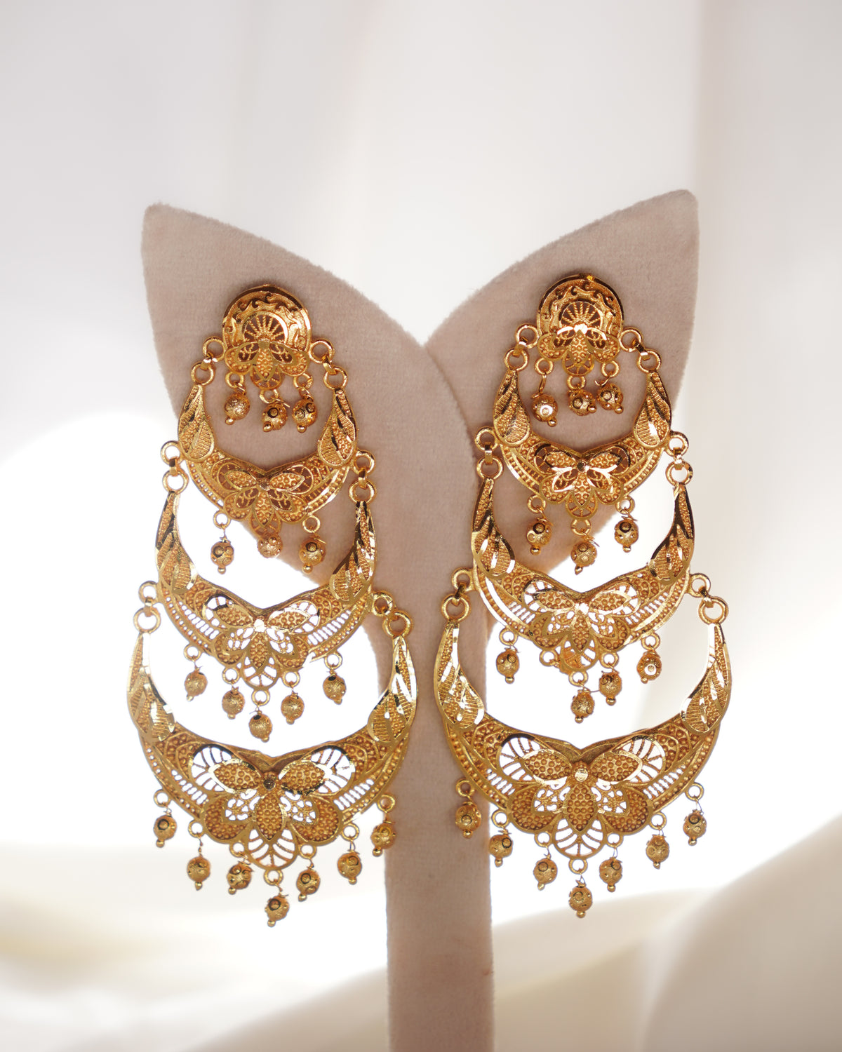 ORO- Three Tier Chandbali Earrings | Micro Plated Floral Filigree Layered Wedding Dangles