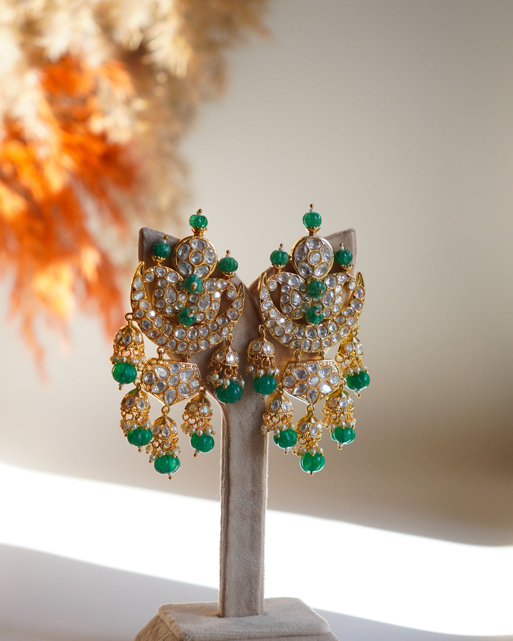 ROOP- Crescent Moon Gold & Emerald Chandbali Earrings