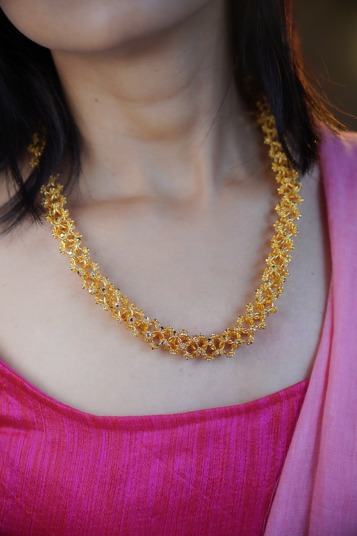 ORO- Premium 1 Gram Gold Plated Lace Mesh Mala Necklace | Micro Plated Traditional Criss Cross Filigree Haram Long Chain
