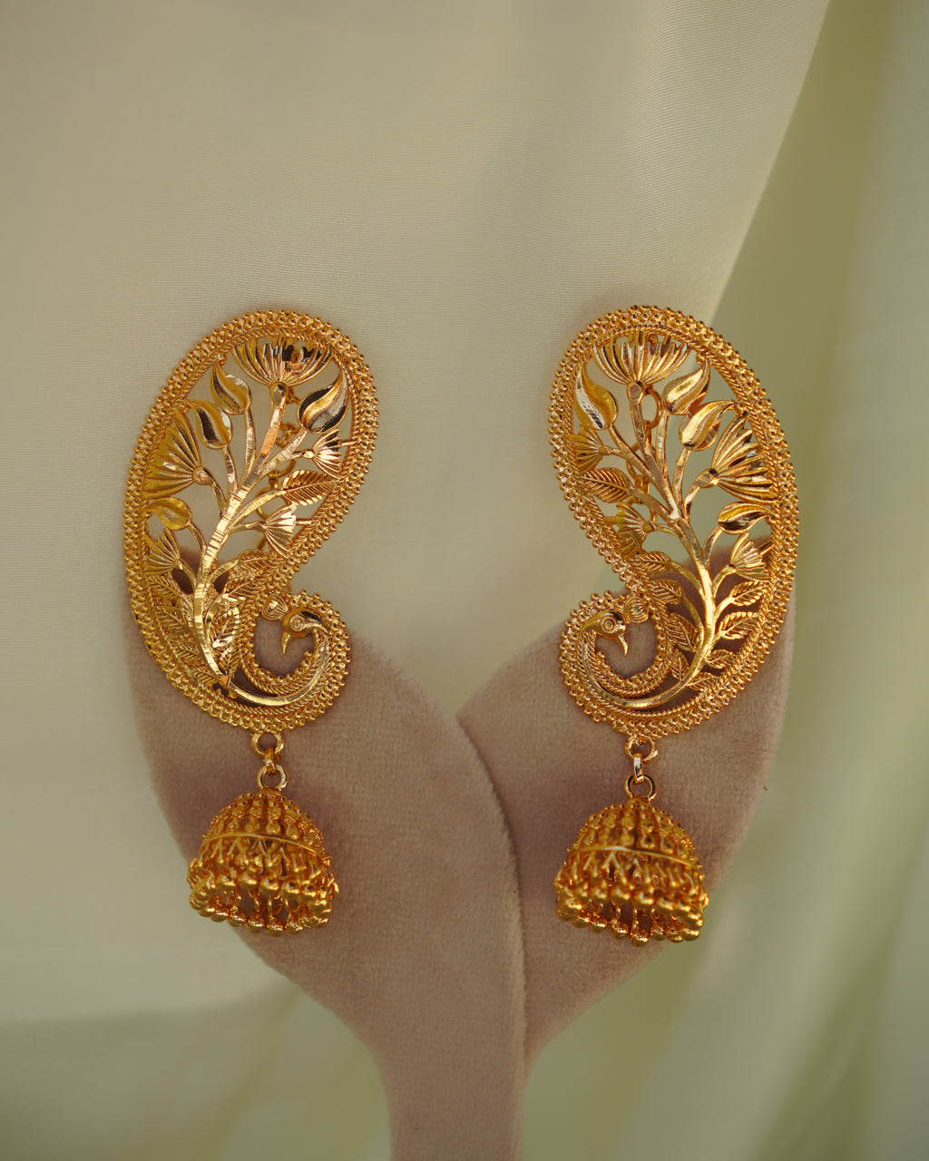 ORO-Gold Plated Paisley Peacock Kaan Phool Earrings | Micro Plated Botanical Ear Cuffs with Hanging Jhumkas