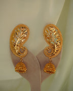 ORO-Gold Plated Paisley Peacock Kaan Phool Earrings | Micro Plated Botanical Ear Cuffs with Hanging Jhumkas