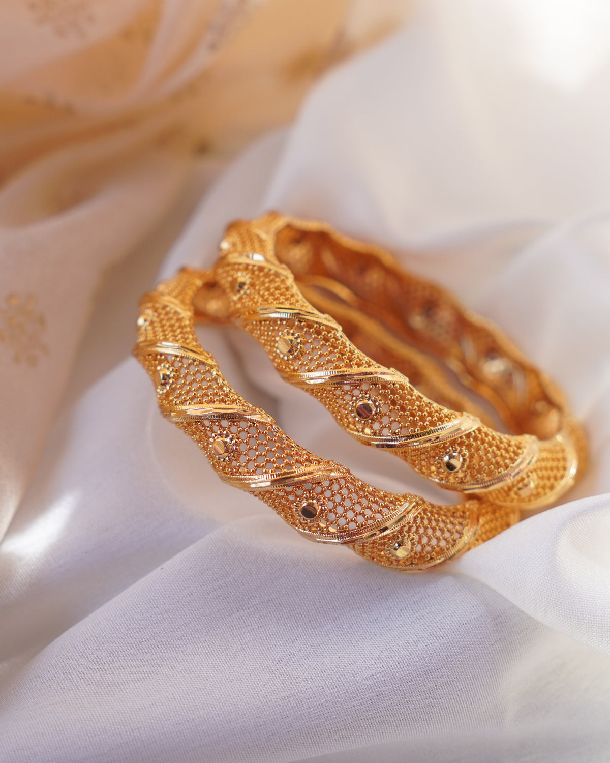 ZORA - Premium 1 Gram Gold Plated Twisted Mesh Bangles | Micro Plated Spiral Filigree Traditional Bracelets Set of 2