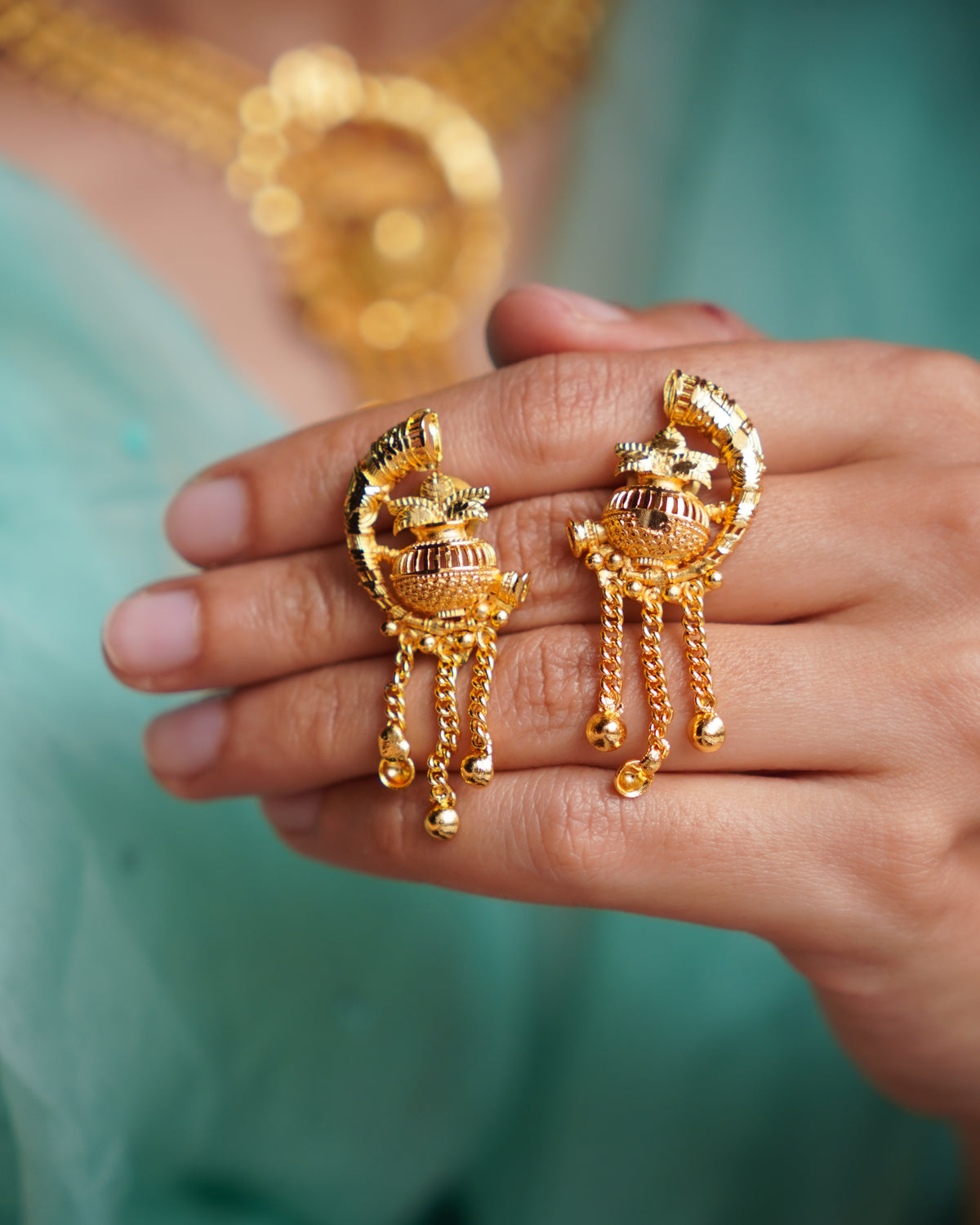 ORO- Traditional 1 Gram Gold Purnakumbha Necklace Set with Matching Drop Earrings | Premium Micro Plated Temple Jewellery