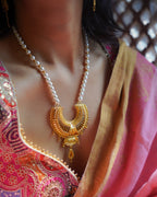 ORO- Royal Sunburst & Pearl Long Mala Set – 1gm Gold Plated Traditional Crescent Festive Necklace