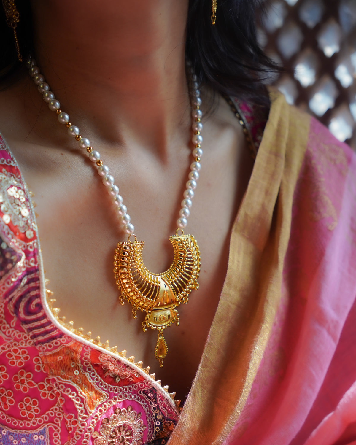 ORO- Royal Sunburst & Pearl Long Mala Set – 1gm Gold Plated Traditional Crescent Festive Necklace