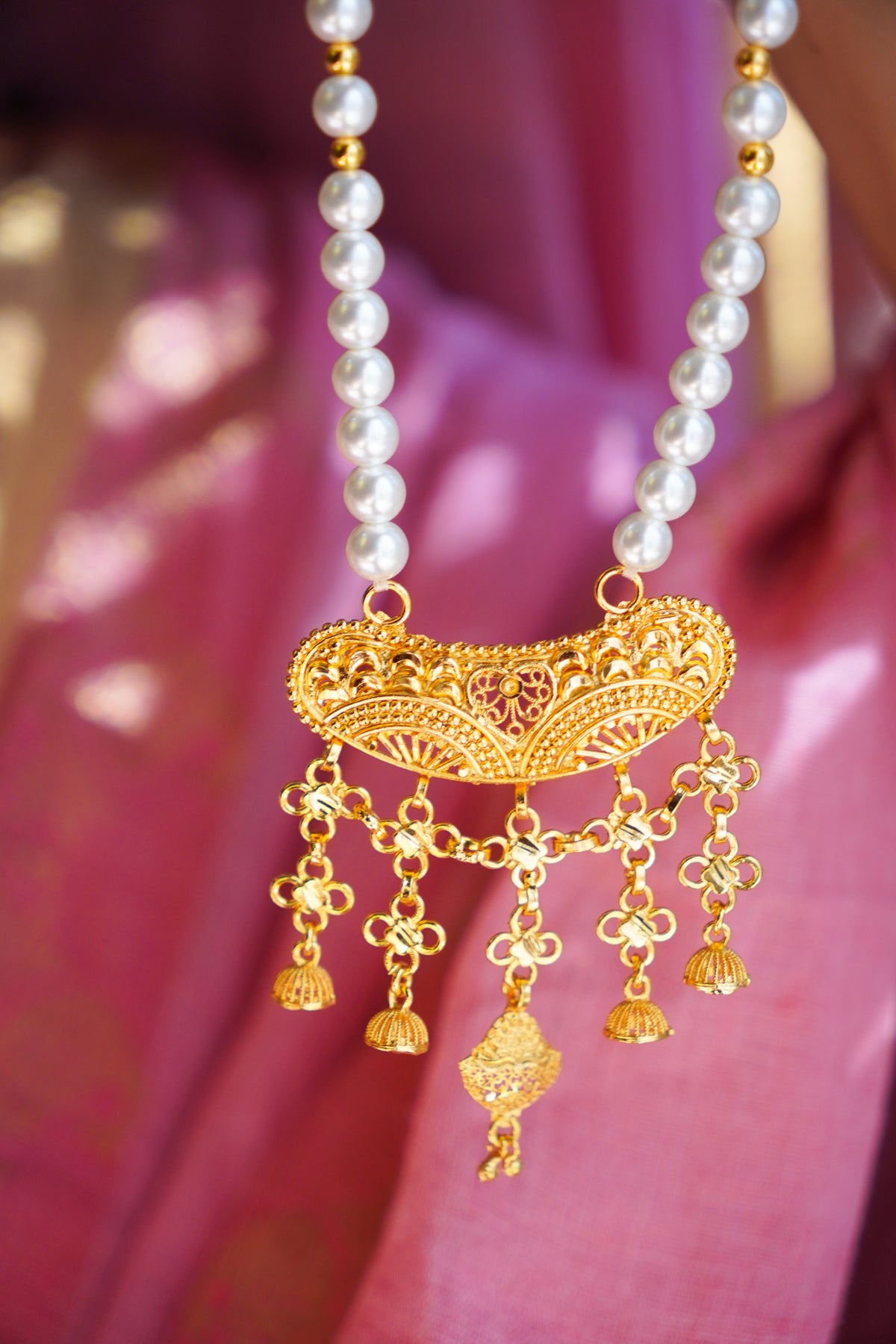 ORO - Premium 1 Gram Gold Plated Pearl Mala Long Necklace Set | Micro Plated Long Haram with Multi Jhumka Drops and Matching Earrings