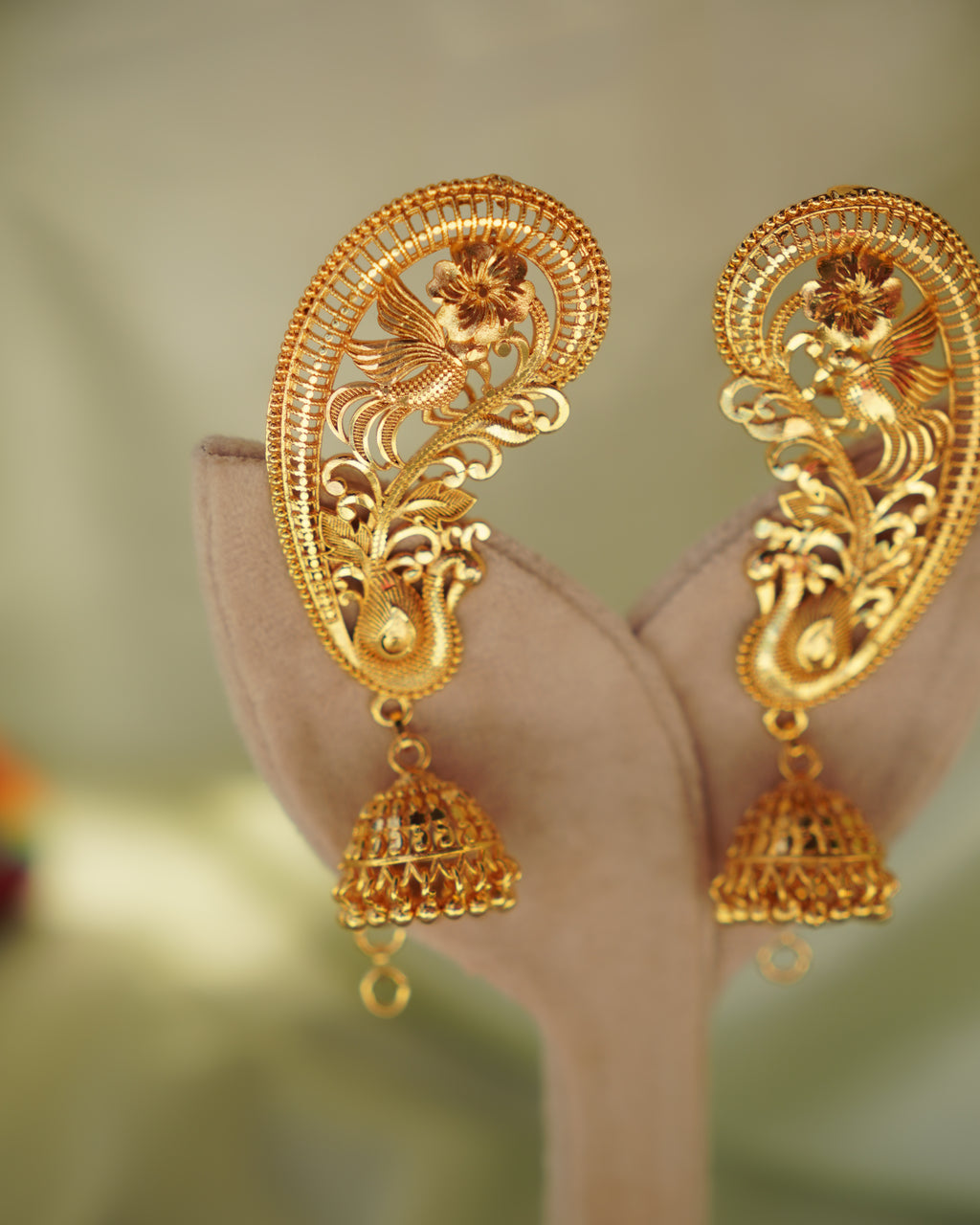 ORO - Premium 1 Gram Gold Plated Royal Peacock Kaan Phool Earrings | Micro Plated Floral Ear Cuffs with Hanging Jhumkas