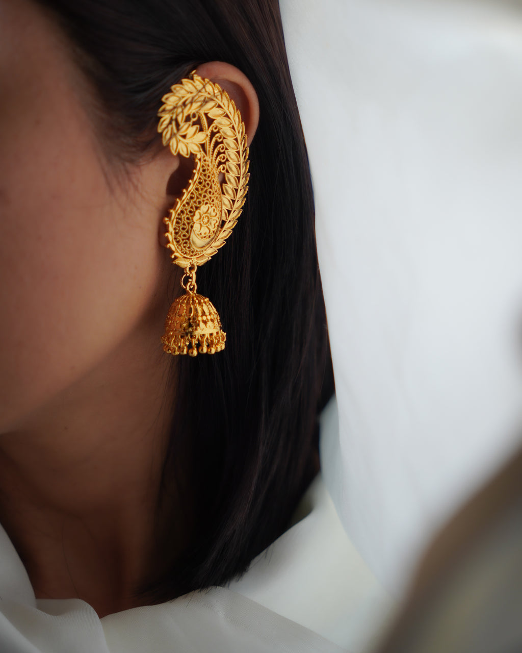 ORO-  Traditional Paisley Ear Cuffs with Jhumka | Premium Micro Plated Mango Kaan Chain Earrings