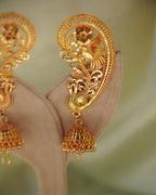 ORO - Premium 1 Gram Gold Plated Royal Peacock Kaan Phool Earrings | Micro Plated Floral Ear Cuffs with Hanging Jhumkas