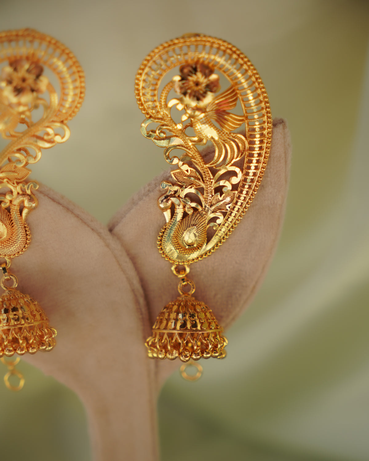 ORO - Premium 1 Gram Gold Plated Royal Peacock Kaan Phool Earrings | Micro Plated Floral Ear Cuffs with Hanging Jhumkas