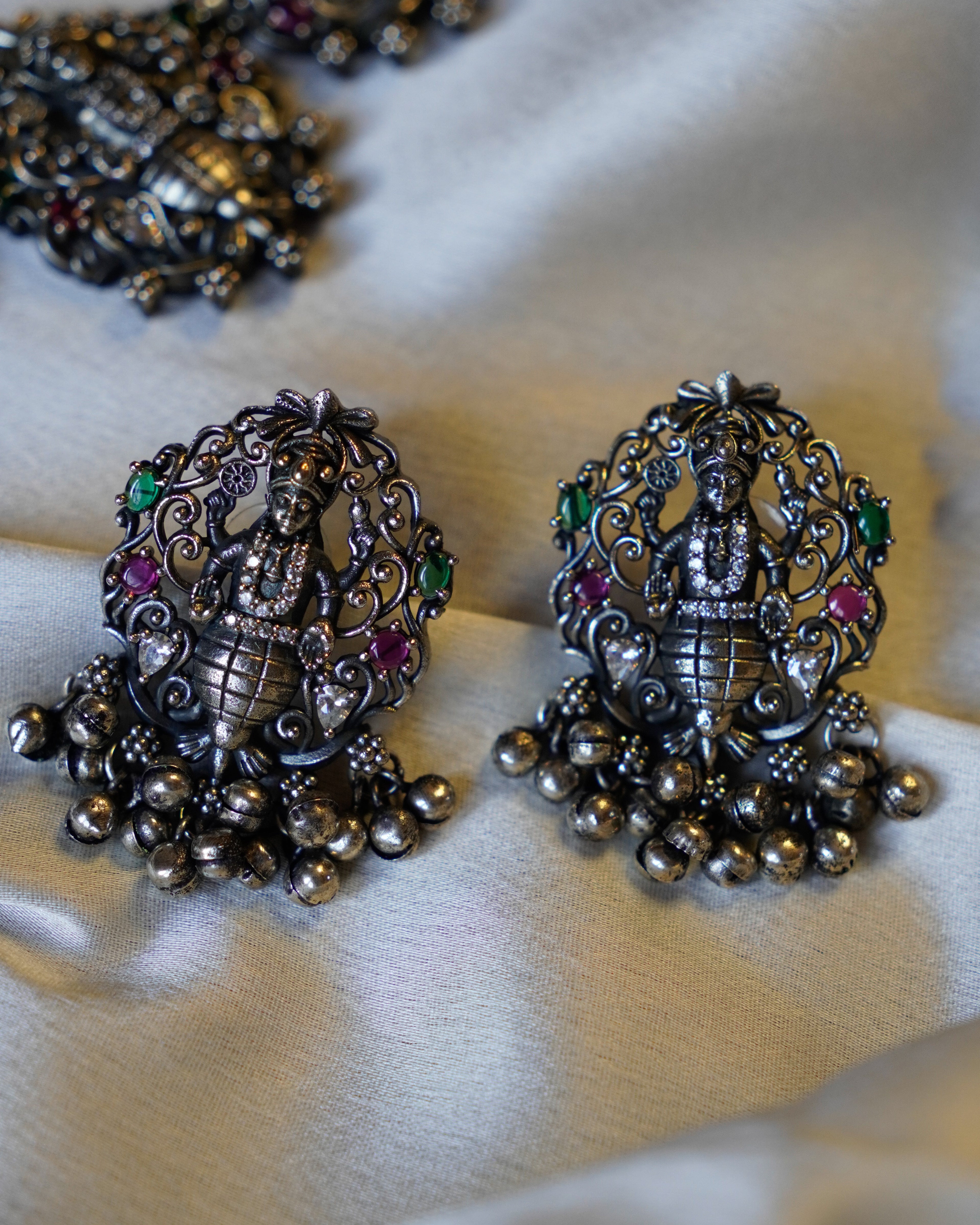 Anassa- Oxidised Temple Jewellery Necklace Set with Earrings – Antique Silver Finish Brass, Goddess Pendant Statement
