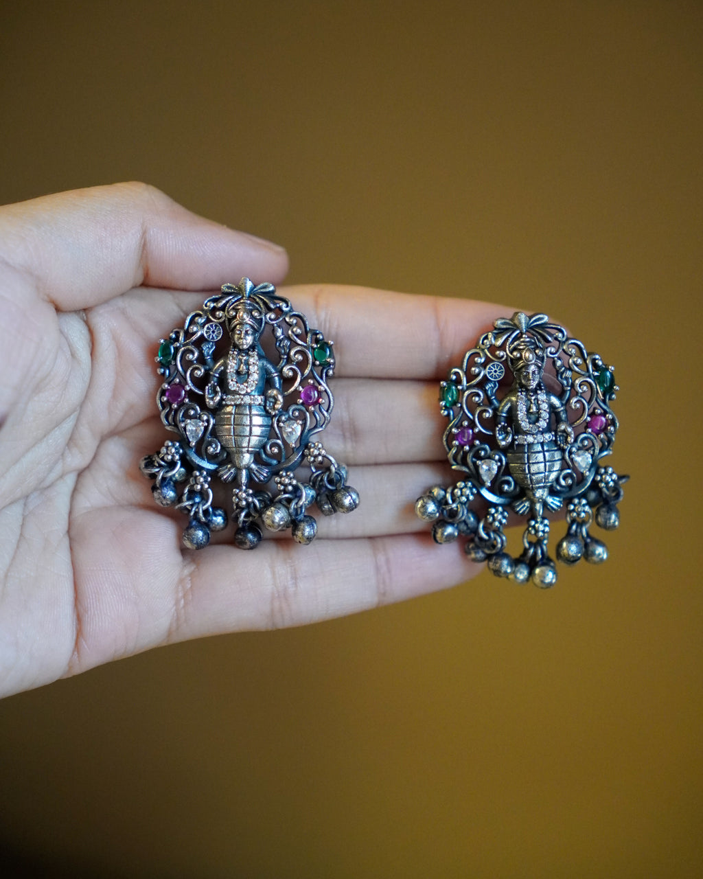 Anassa- Oxidised Temple Jewellery Necklace Set with Earrings – Antique Silver Finish Brass, Goddess Pendant Statement