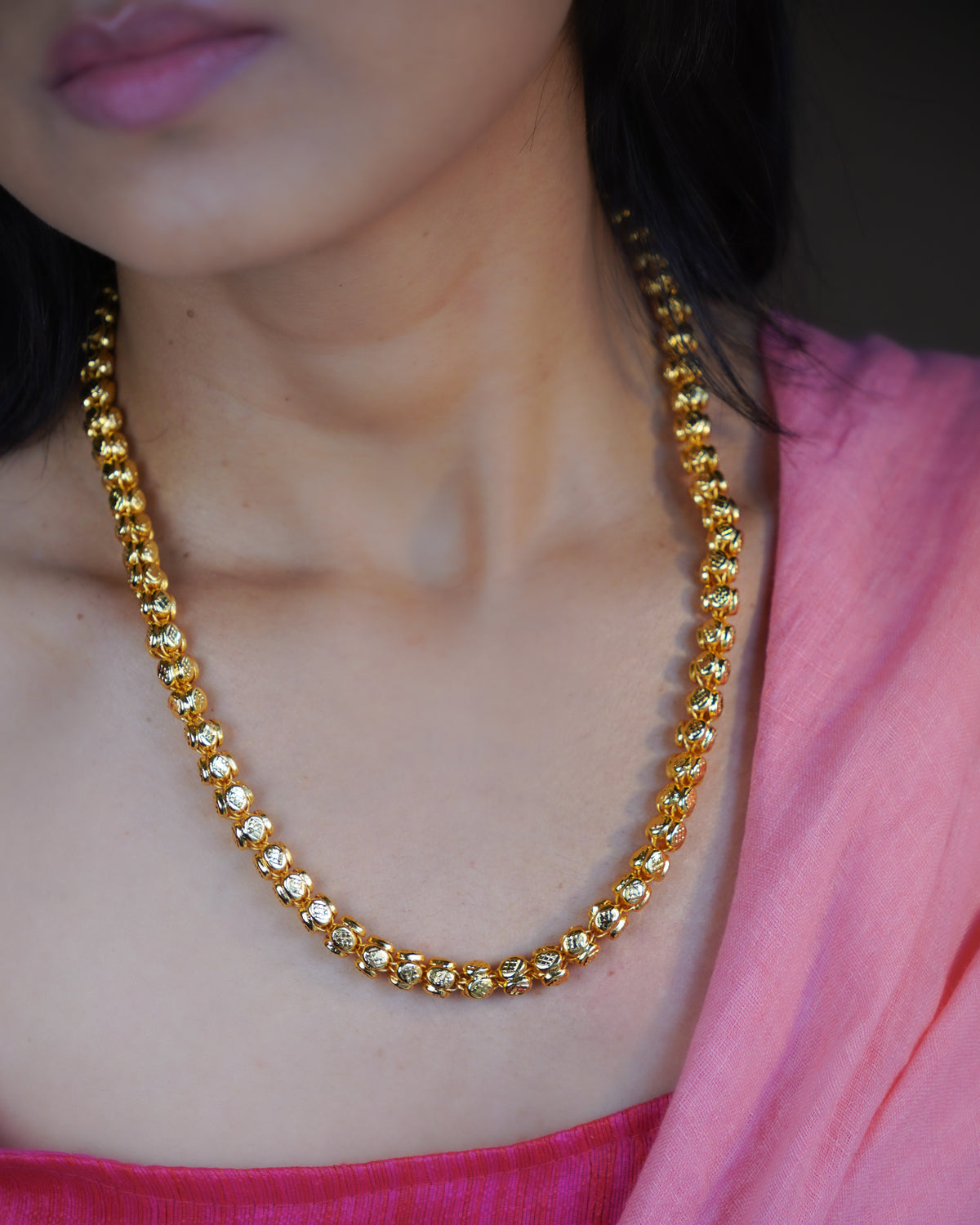 ORO-  Premium 1 Gram Gold Plated Textured Globe Mala Necklace | Micro Plated Traditional Crown Bead Haram Long Chain