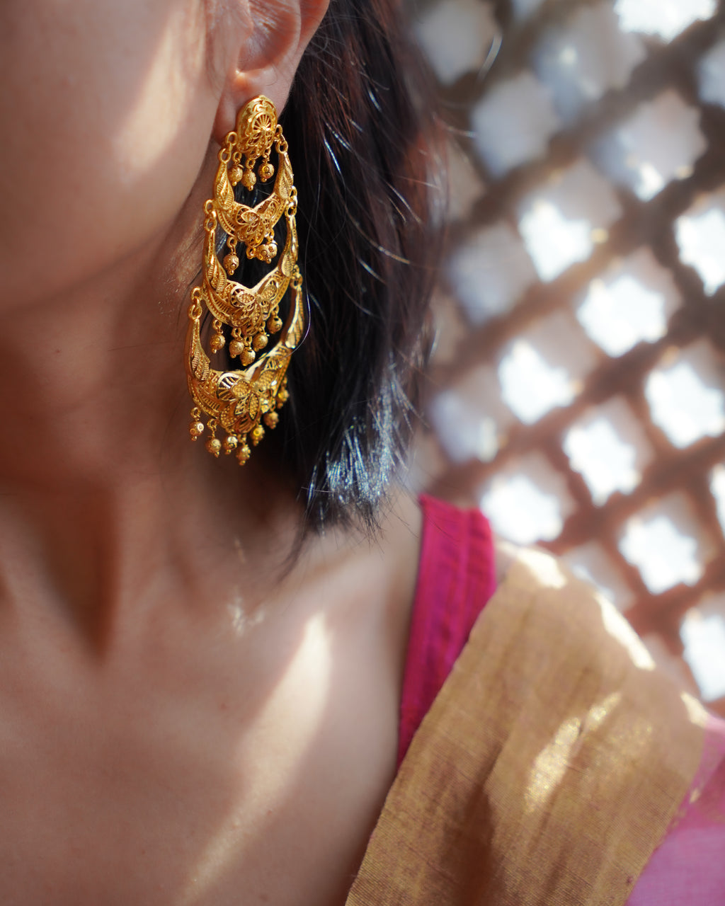 ORO- Three Tier Chandbali Earrings | Micro Plated Floral Filigree Layered Wedding Dangles