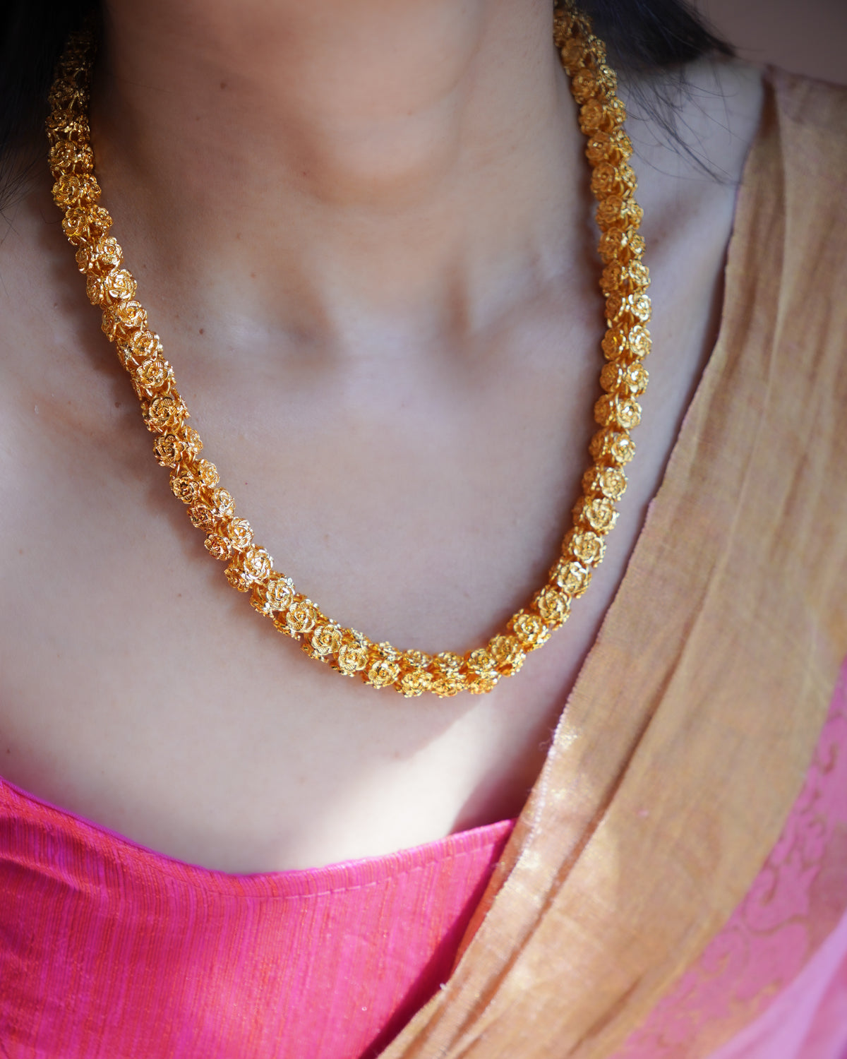 ORO - 1 Gram Gold Plated Rose Buds Mala Necklace | Micro Plated Traditional Hollow Floral Link Haram Long Chain