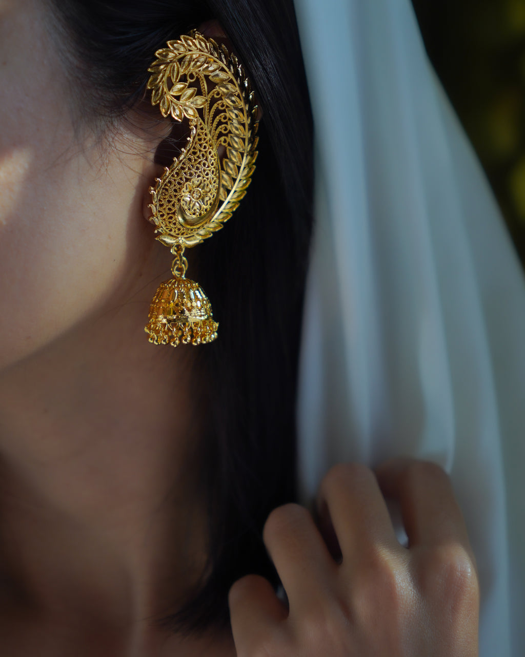 ORO-  Traditional Paisley Ear Cuffs with Jhumka | Premium Micro Plated Mango Kaan Chain Earrings