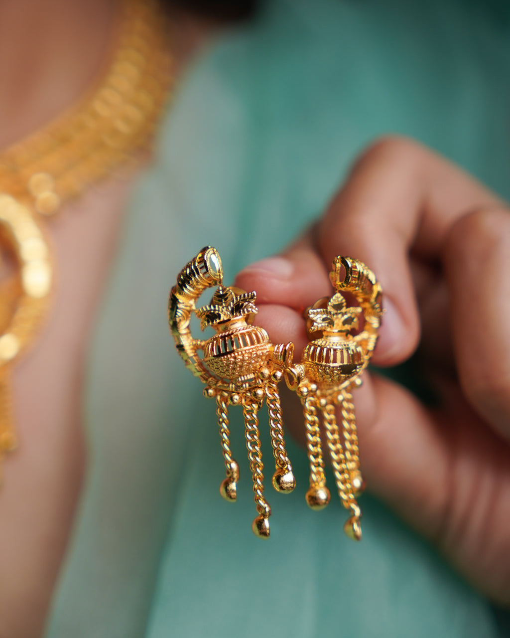 ORO- Traditional 1 Gram Gold Purnakumbha Necklace Set with Matching Drop Earrings | Premium Micro Plated Temple Jewellery