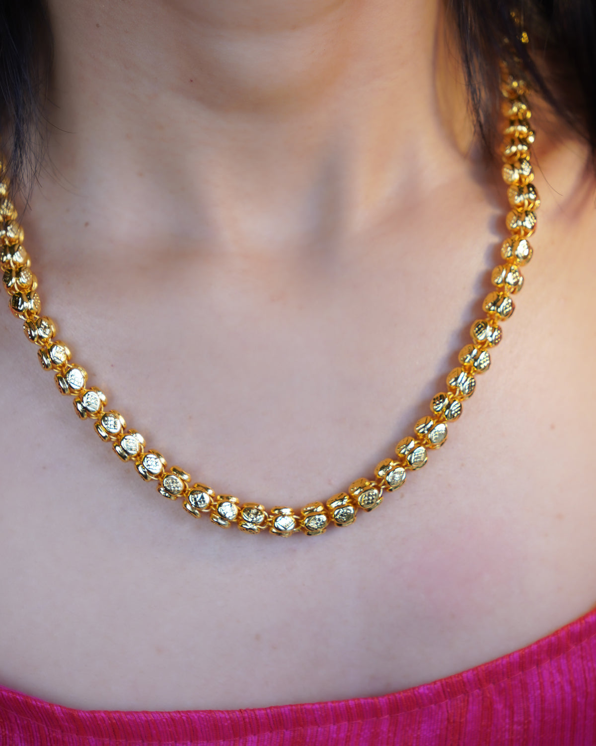 ORO-  Premium 1 Gram Gold Plated Textured Globe Mala Necklace | Micro Plated Traditional Crown Bead Haram Long Chain