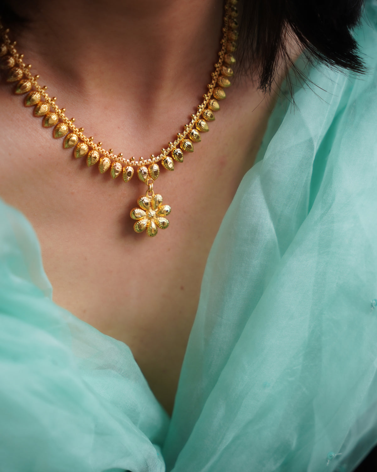 ORO- Gold Plated Jasmine Bud Necklace Set | Premium Micro Plated Floral Pendant and Studs Set