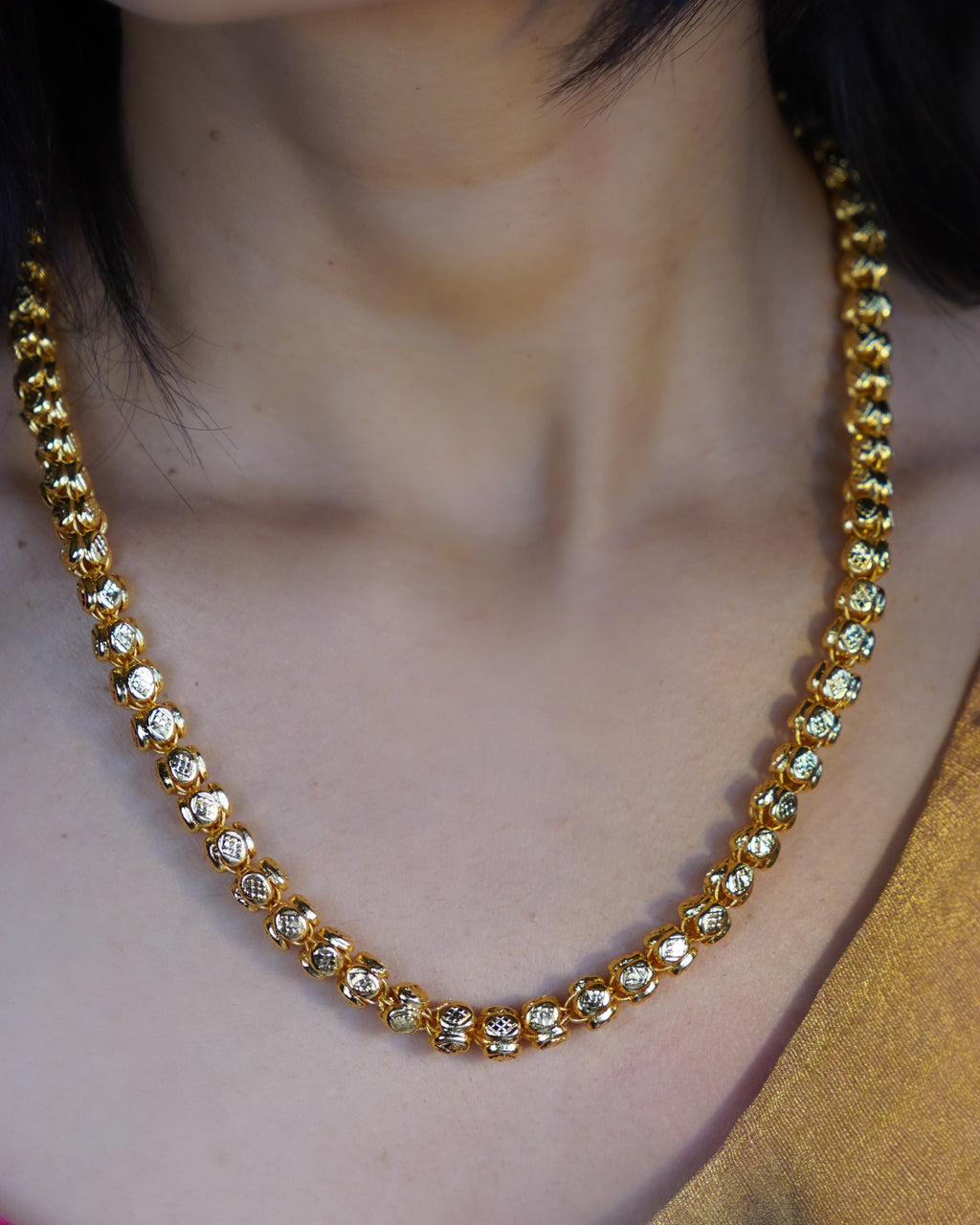 ORO-  Premium 1 Gram Gold Plated Textured Globe Mala Necklace | Micro Plated Traditional Crown Bead Haram Long Chain