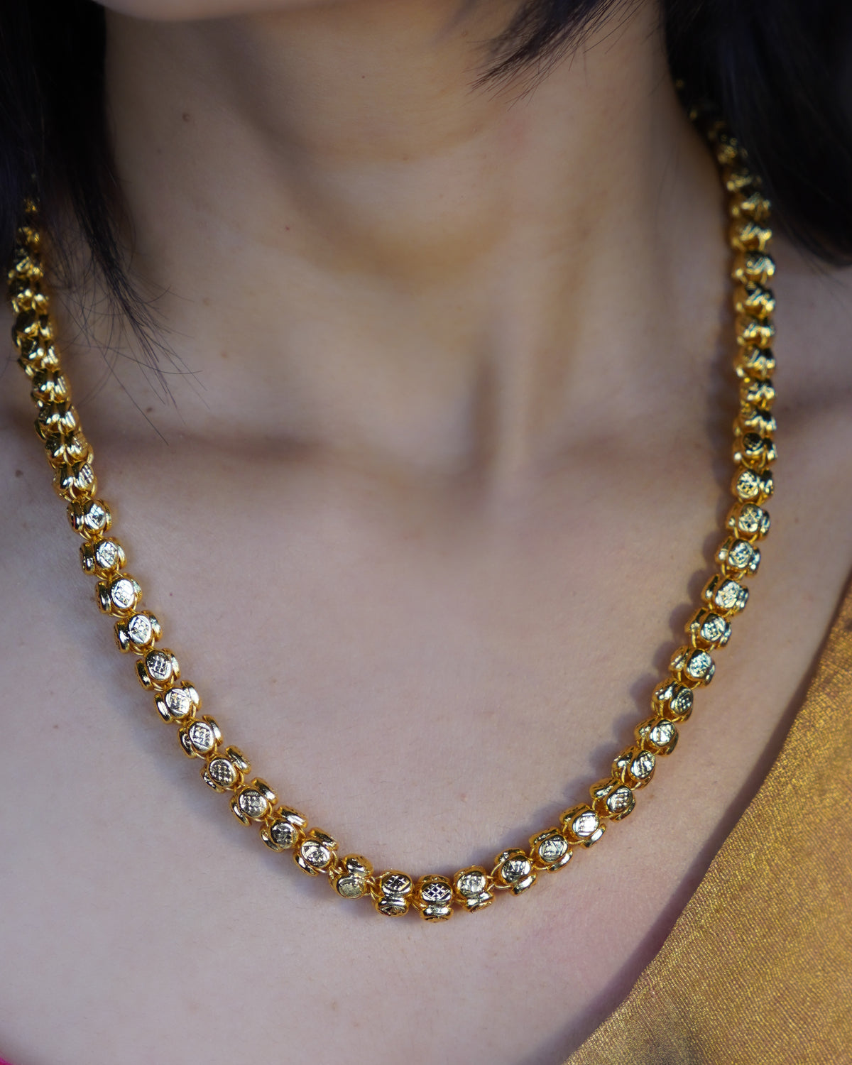 ORO-  Premium 1 Gram Gold Plated Textured Globe Mala Necklace | Micro Plated Traditional Crown Bead Haram Long Chain