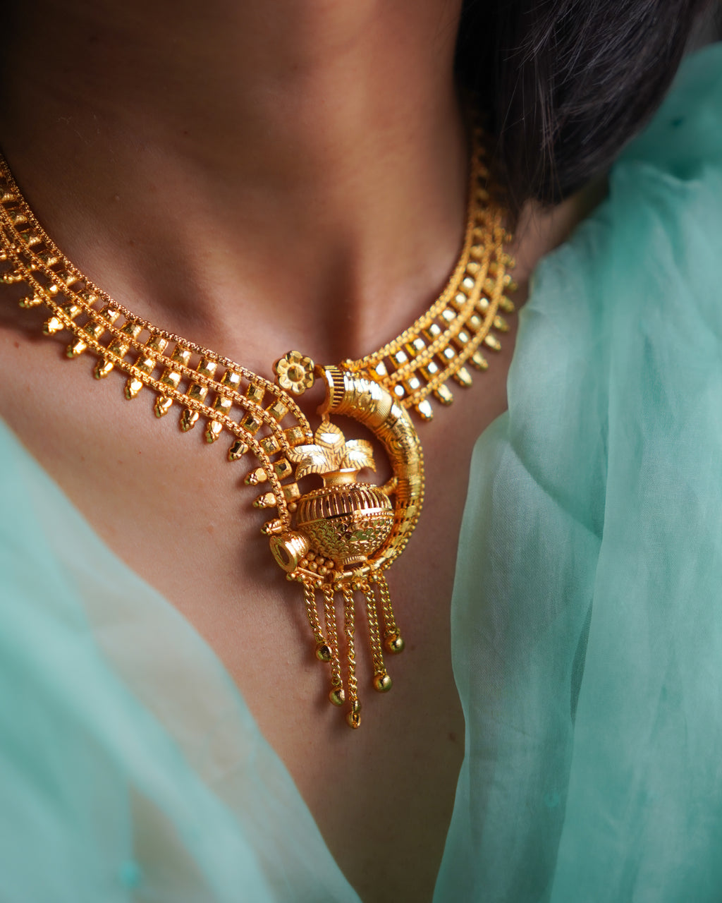 ORO- Traditional 1 Gram Gold Purnakumbha Necklace Set with Matching Drop Earrings | Premium Micro Plated Temple Jewellery
