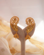 ORO - Premium 1 Gram Gold Plated Royal Peacock Kaan Phool Earrings | Micro Plated Floral Ear Cuffs with Hanging Jhumkas