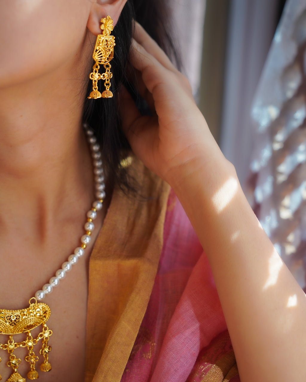 ORO - Premium 1 Gram Gold Plated Pearl Mala Long Necklace Set | Micro Plated Long Haram with Multi Jhumka Drops and Matching Earrings