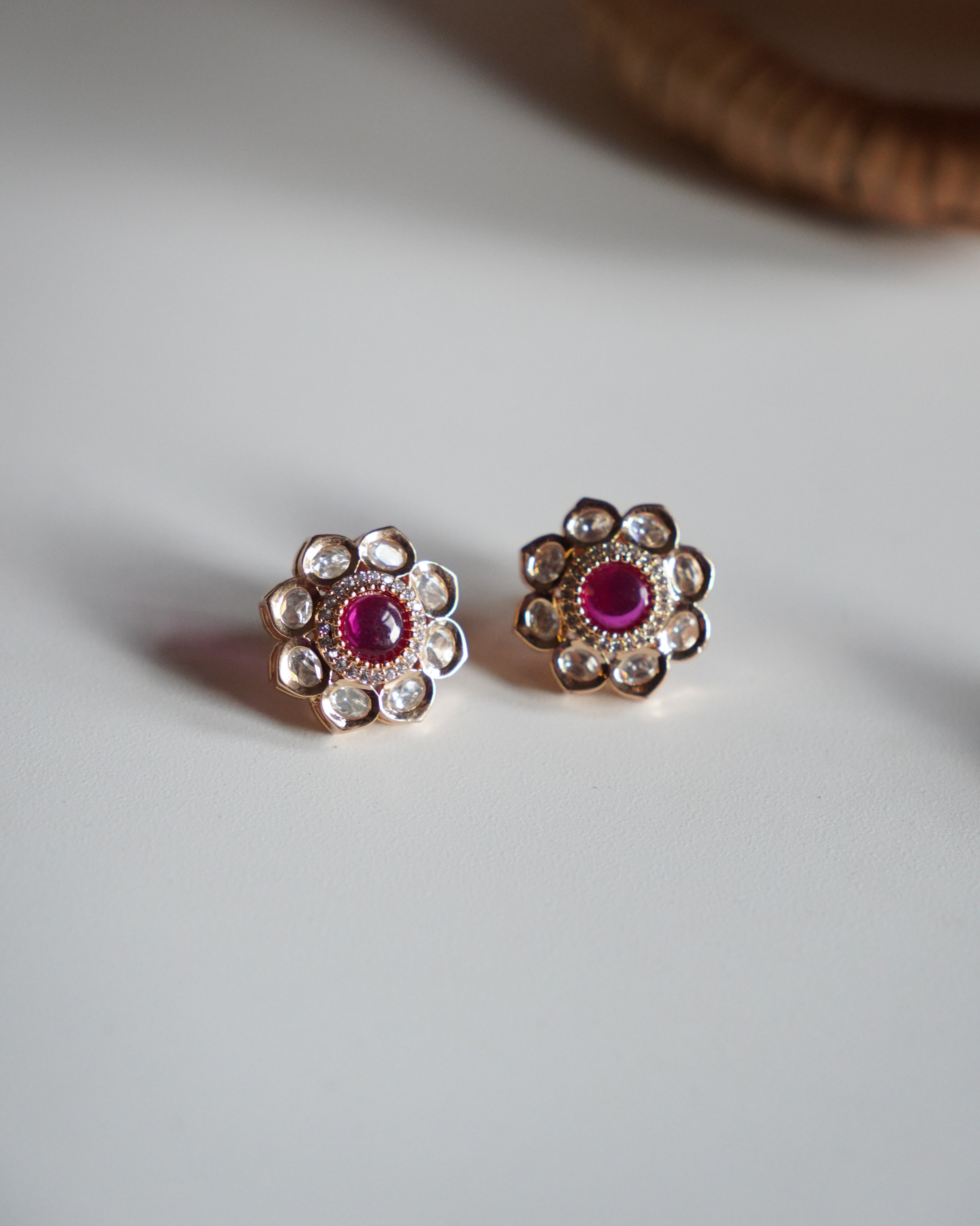 ROOP- Gold Kundan Floral Stud Earrings