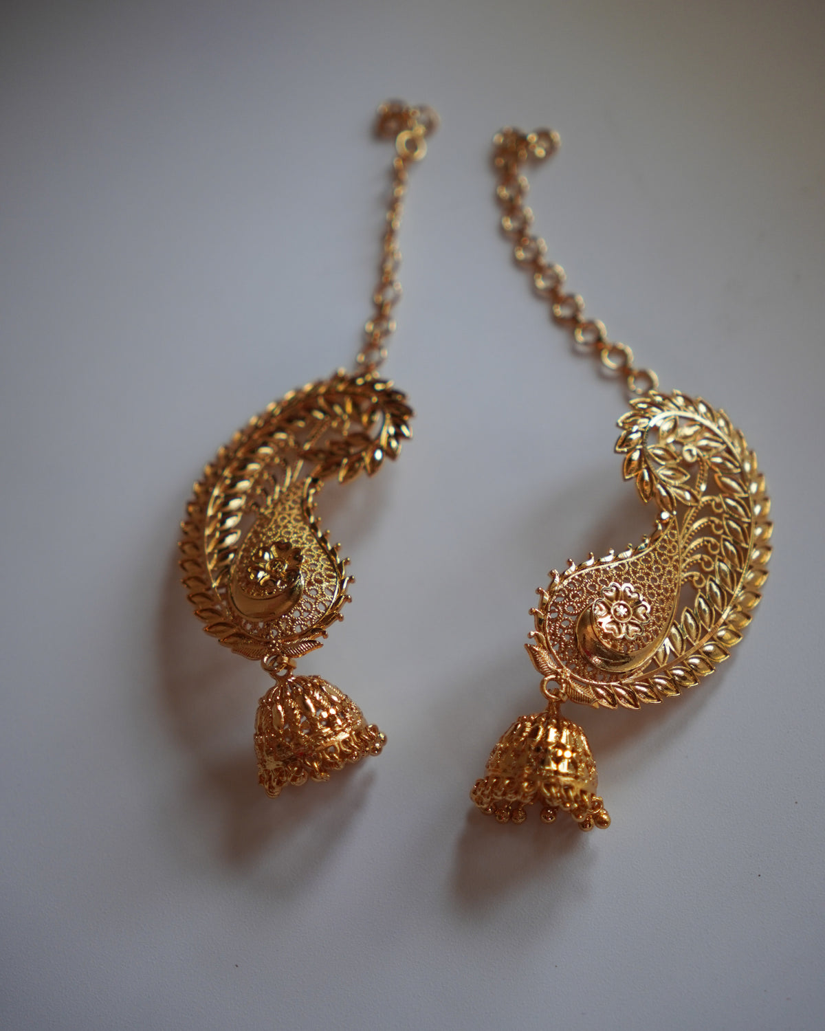ORO-  Traditional Paisley Ear Cuffs with Jhumka | Premium Micro Plated Mango Kaan Chain Earrings