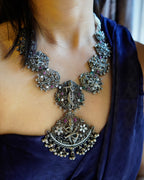 Anassa- Oxidised Temple Jewellery Necklace Set with Earrings – Antique Silver Finish Brass, Goddess Pendant Statement