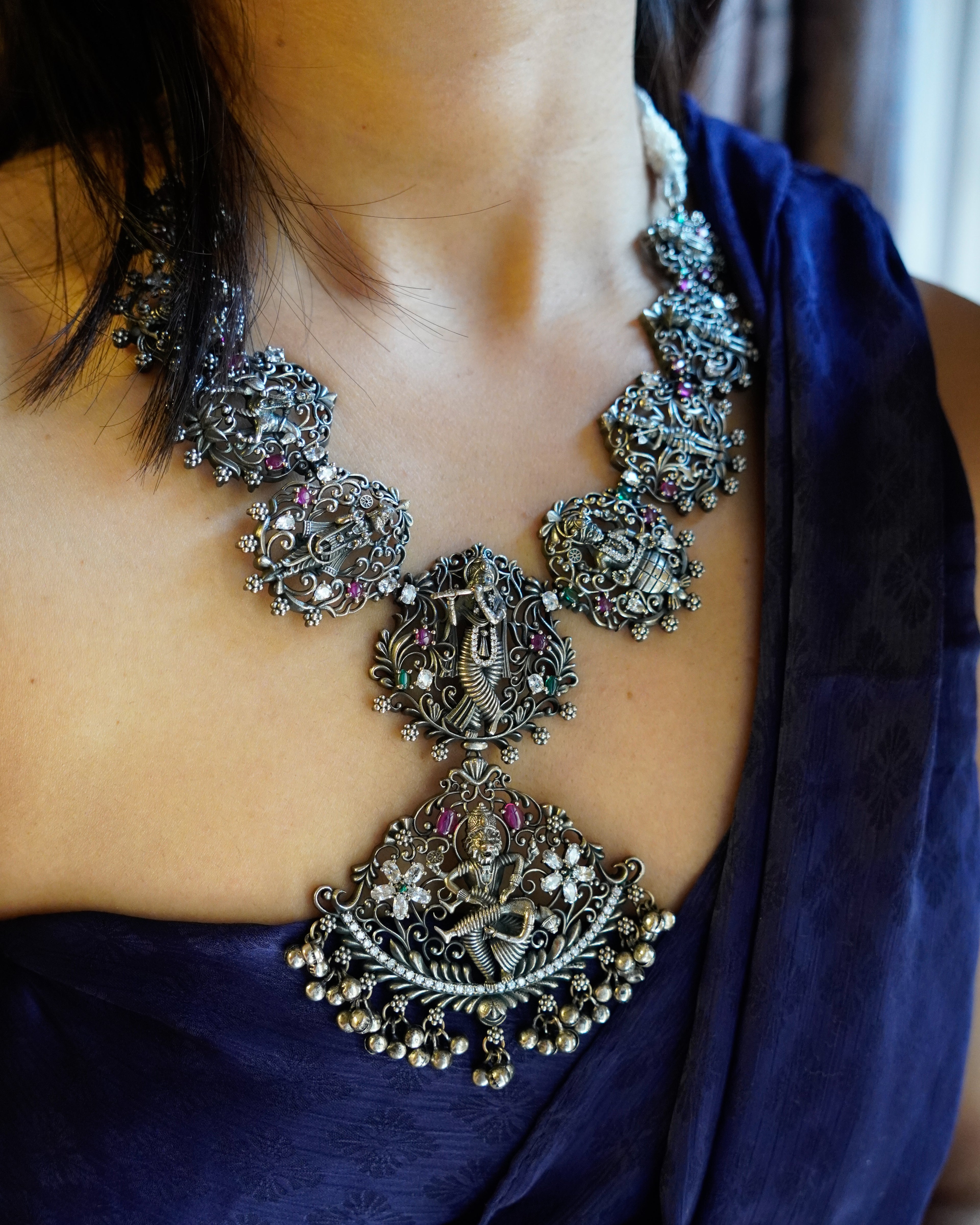 Anassa- Oxidised Temple Jewellery Necklace Set with Earrings – Antique Silver Finish Brass, Goddess Pendant Statement